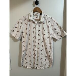 Men’s Miller Lite Button Down Shirt Medium Features Miller Lite Cans Pattern.
